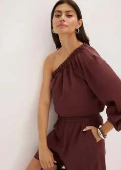 bonprix Blusen & Tuniken^One-Shoulder Bluse mit Leinenanteil kaffeebraun