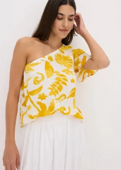 bonprix Bekleidung·Jacken & Mäntel|Blusen & Tuniken^One-Shoulder-Bluse aus strukturierter Viskose weiß/lemoncurry floral