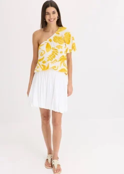 bonprix Bekleidung·Jacken & Mäntel|Blusen & Tuniken^One-Shoulder-Bluse aus strukturierter Viskose weiß/lemoncurry floral