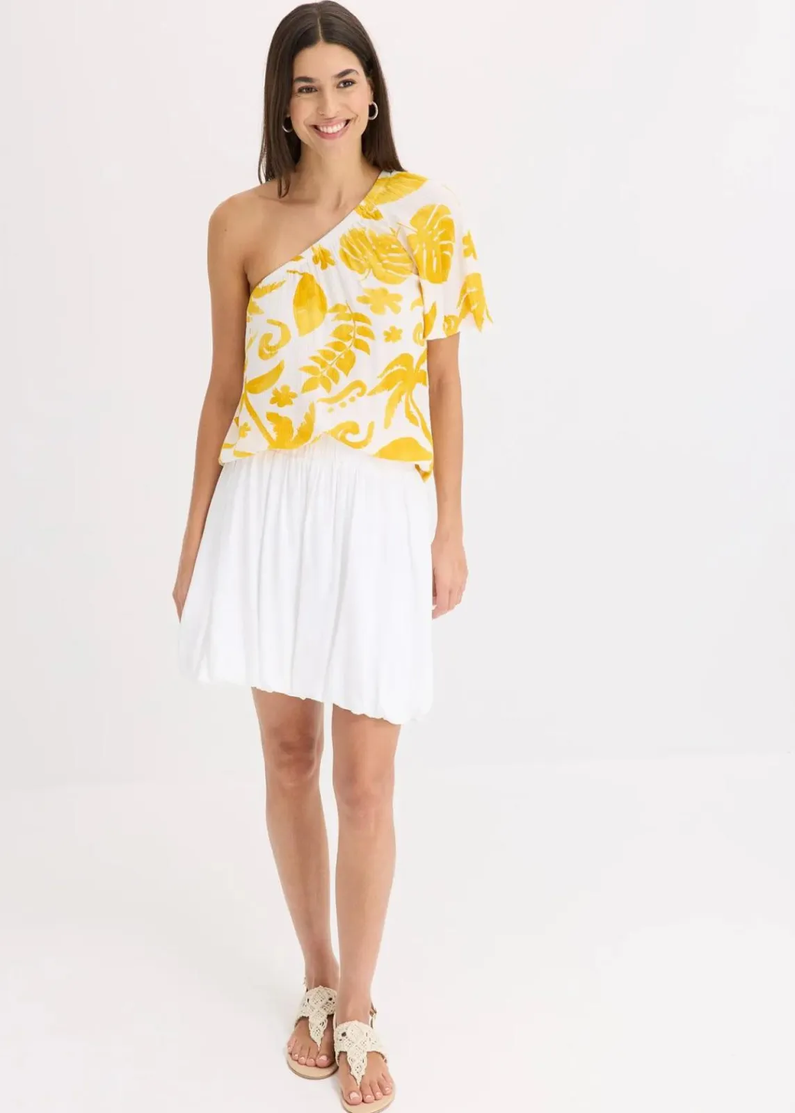 bonprix Bekleidung·Jacken & Mäntel|Blusen & Tuniken^One-Shoulder-Bluse aus strukturierter Viskose weiß/lemoncurry floral