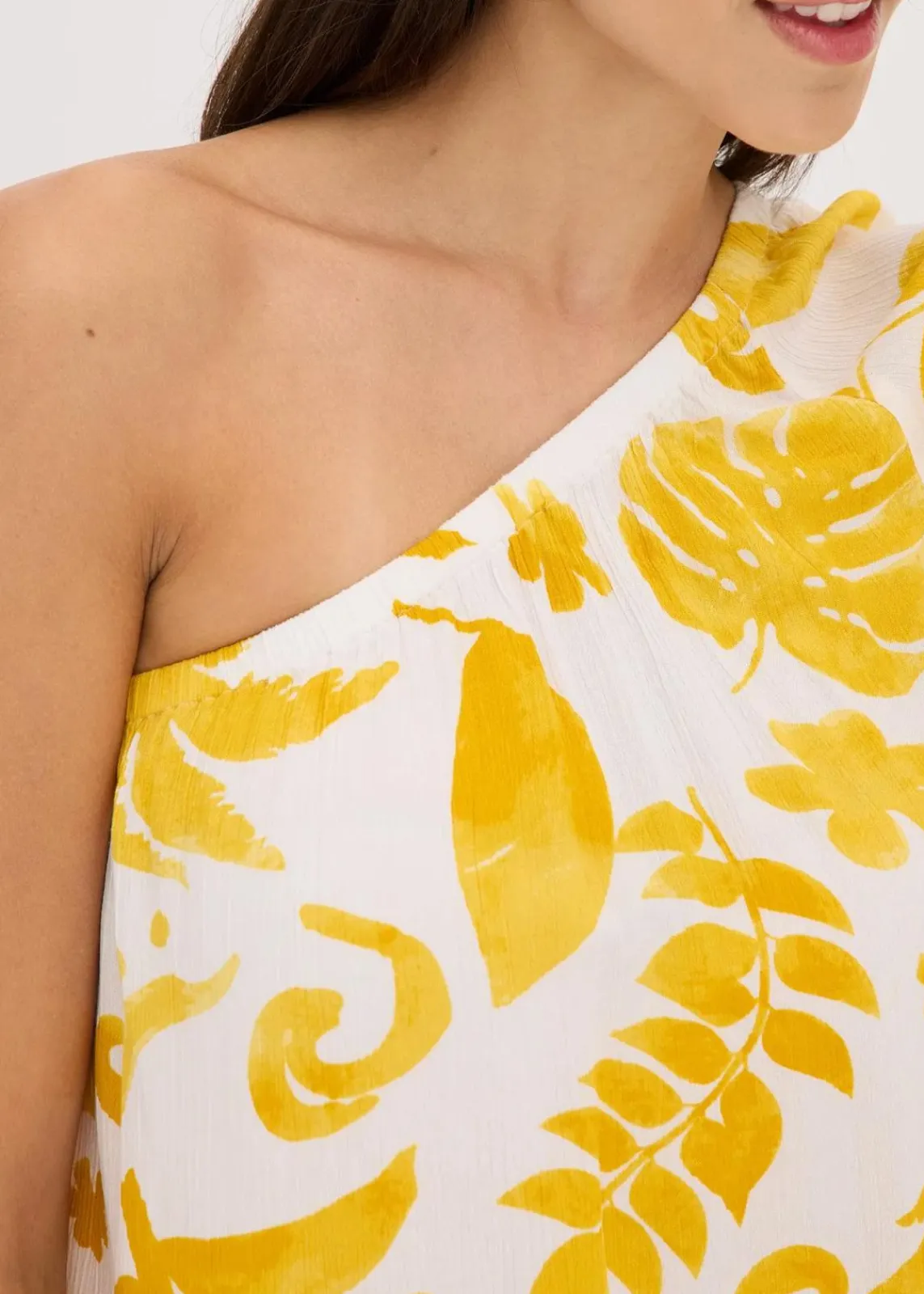 bonprix Bekleidung·Jacken & Mäntel|Blusen & Tuniken^One-Shoulder-Bluse aus strukturierter Viskose weiß/lemoncurry floral