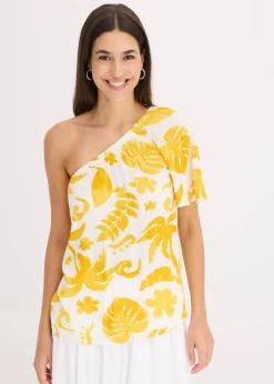 bonprix Bekleidung·Jacken & Mäntel|Blusen & Tuniken^One-Shoulder-Bluse aus strukturierter Viskose weiß/lemoncurry floral