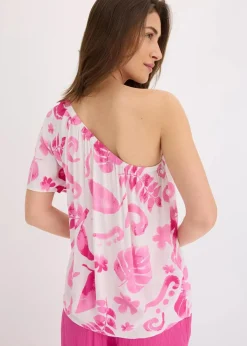 bonprix Nachhaltigere Materialien|Blusen & Tuniken^One-Shoulder-Bluse aus strukturierter Viskose weiß/fuchsia floral