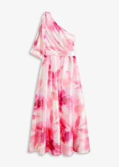 bonprix Bekleidung·Pullover & Strickjacken|Festliche Mode^One-Shoulder-Kleid aus glänzendem Satin weiß/pink geblümt
