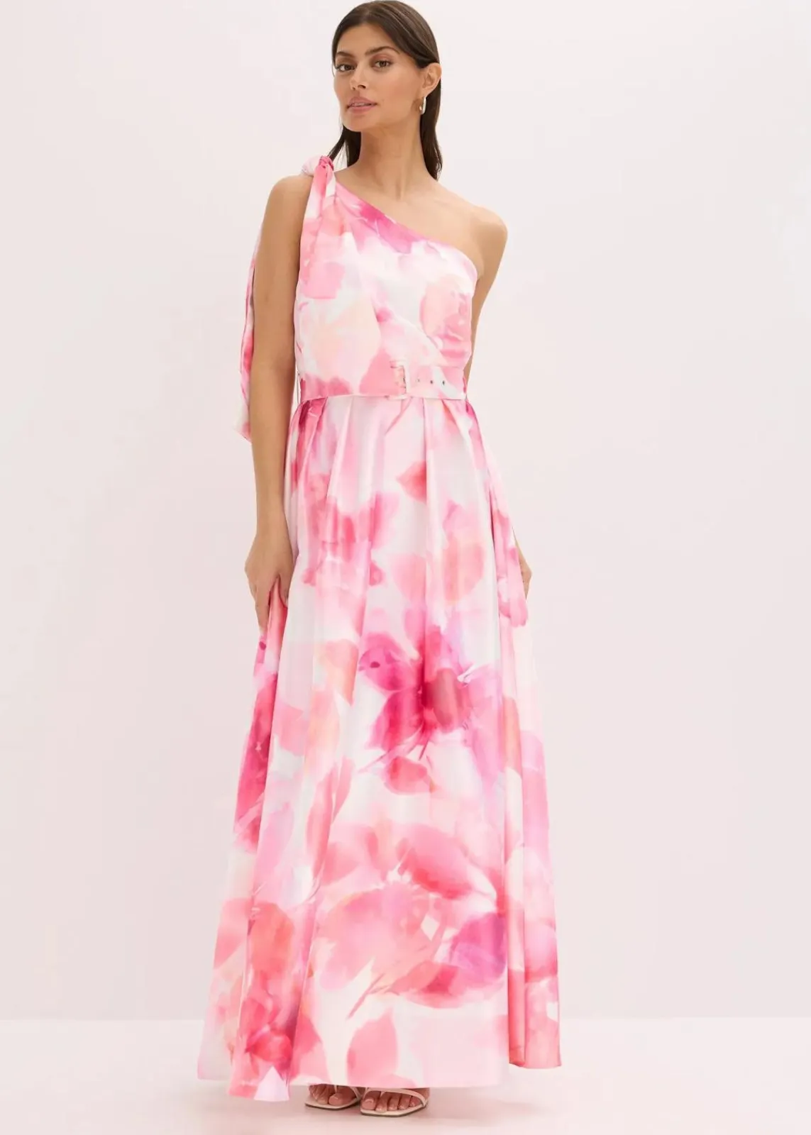bonprix Bekleidung·Pullover & Strickjacken|Festliche Mode^One-Shoulder-Kleid aus glänzendem Satin weiß/pink geblümt