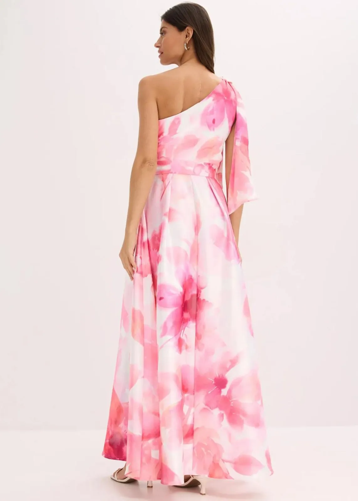 bonprix Bekleidung·Pullover & Strickjacken|Festliche Mode^One-Shoulder-Kleid aus glänzendem Satin weiß/pink geblümt