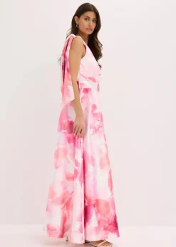 bonprix Bekleidung·Pullover & Strickjacken|Festliche Mode^One-Shoulder-Kleid aus glänzendem Satin weiß/pink geblümt