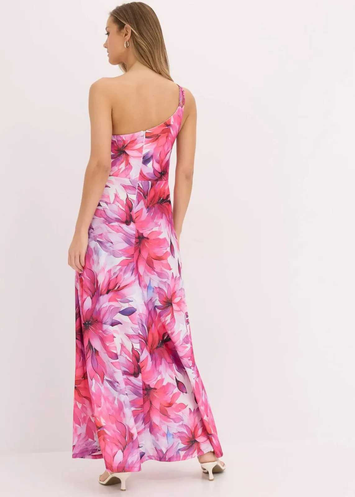 bonprix Bekleidung·Pullover & Strickjacken|Festliche Mode^One-Shoulder-Kleid aus strukturiertem Crepe weiß/pink geblümt