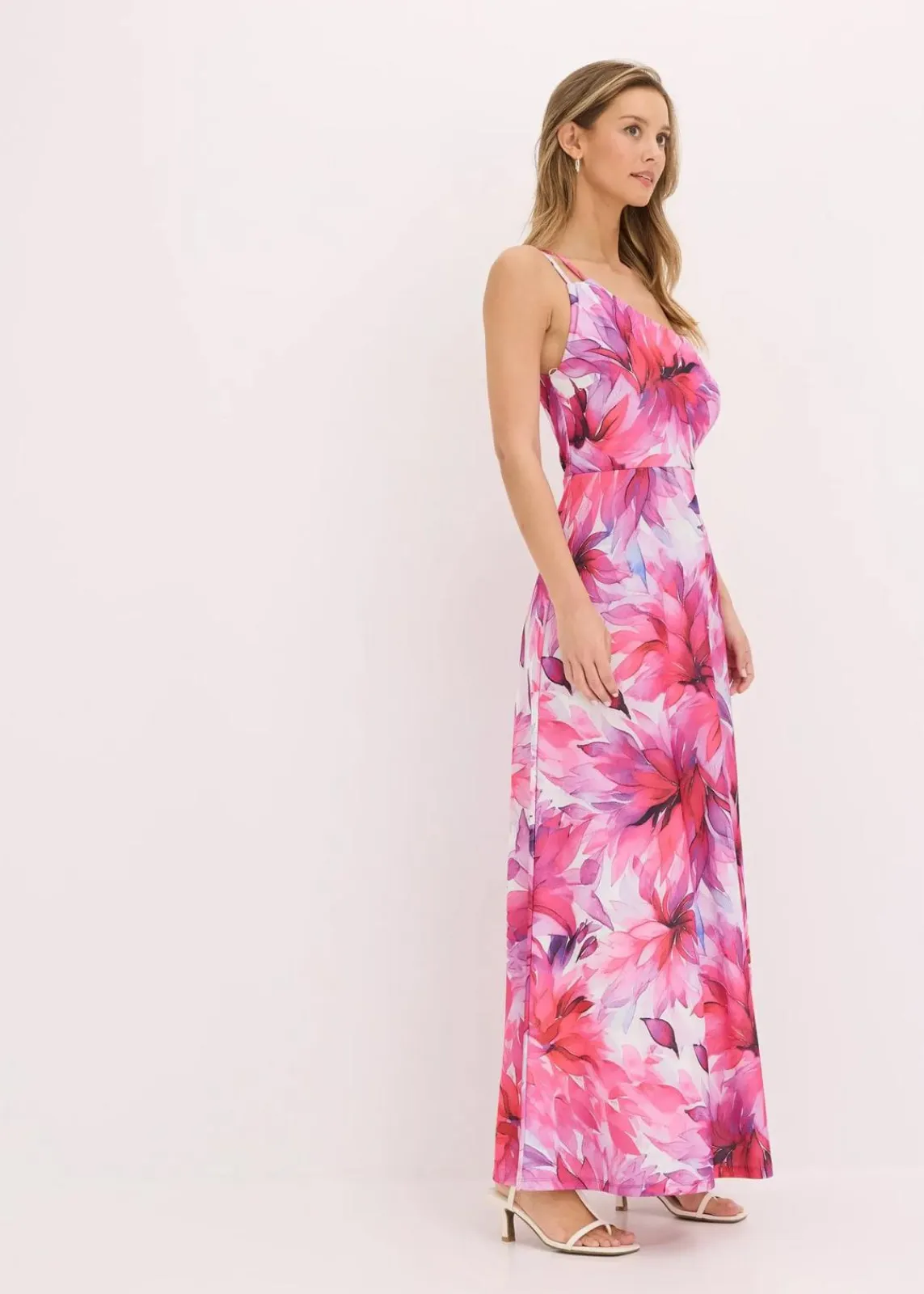 bonprix Bekleidung·Pullover & Strickjacken|Festliche Mode^One-Shoulder-Kleid aus strukturiertem Crepe weiß/pink geblümt