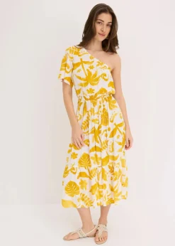 bonprix Bekleidung·Pullover & Strickjacken|Kleider^One-Shoulder-Kleid aus strukturierter Viskose weiß/lemoncurry floral
