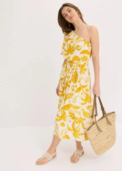 bonprix Bekleidung·Pullover & Strickjacken|Kleider^One-Shoulder-Kleid aus strukturierter Viskose weiß/lemoncurry floral