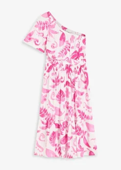 bonprix Nachhaltigere Materialien|Kleider^One-Shoulder-Kleid aus strukturierter Viskose weiß/fuchsia floral
