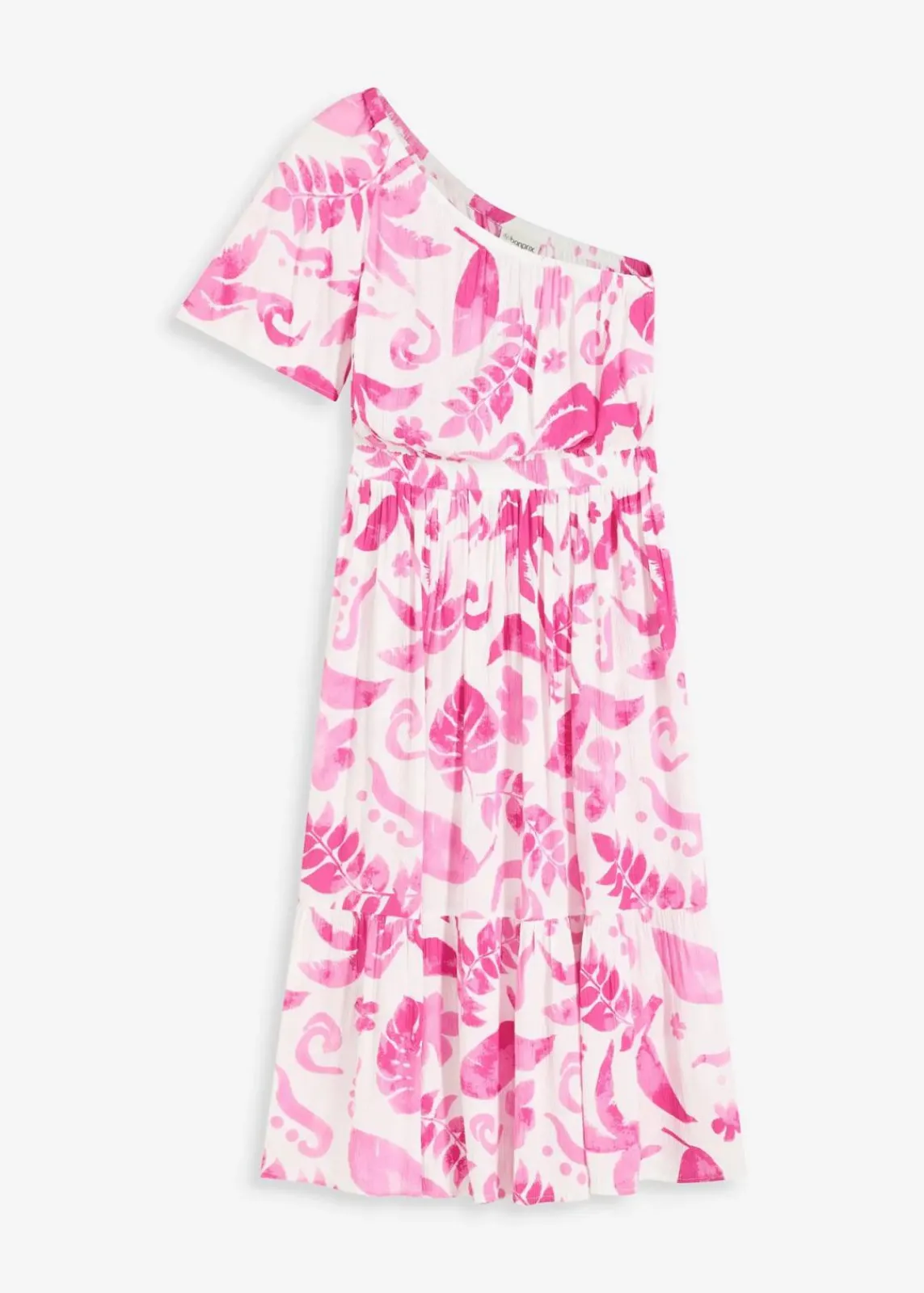bonprix Nachhaltigere Materialien|Kleider^One-Shoulder-Kleid aus strukturierter Viskose weiß/fuchsia floral