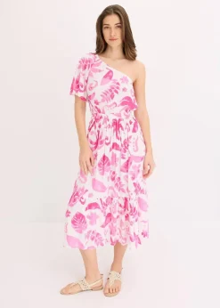 bonprix Nachhaltigere Materialien|Kleider^One-Shoulder-Kleid aus strukturierter Viskose weiß/fuchsia floral