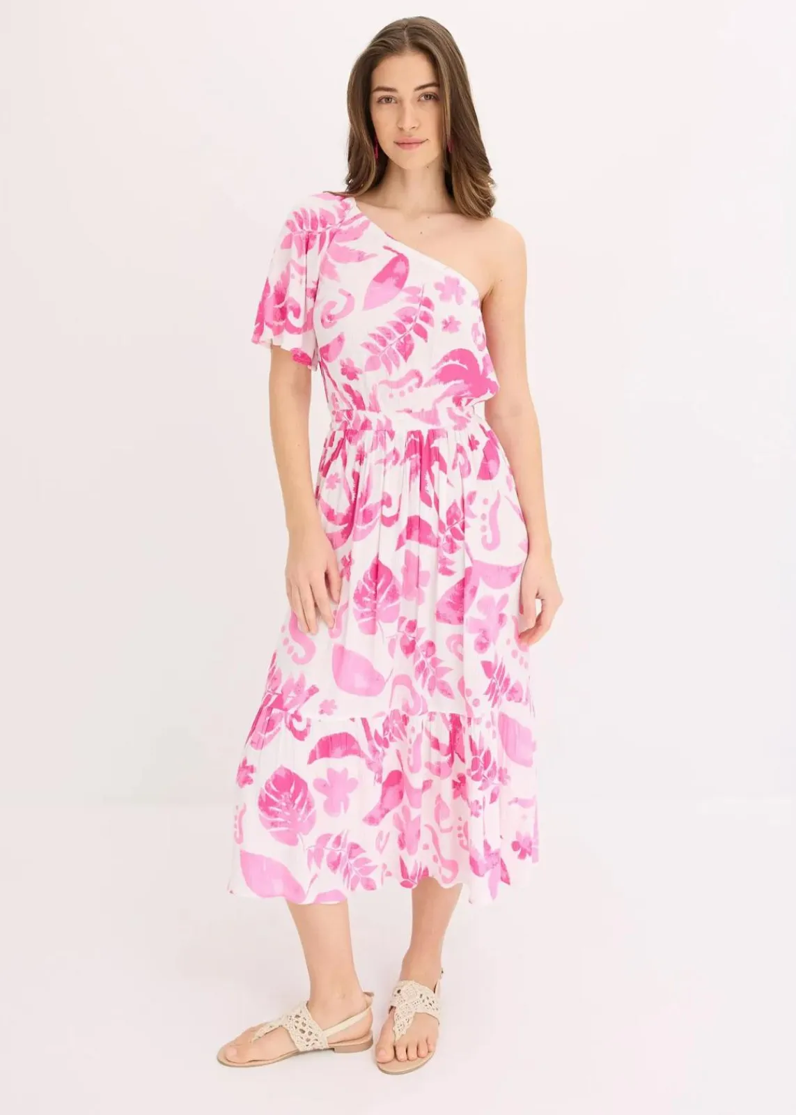 bonprix Nachhaltigere Materialien|Kleider^One-Shoulder-Kleid aus strukturierter Viskose weiß/fuchsia floral