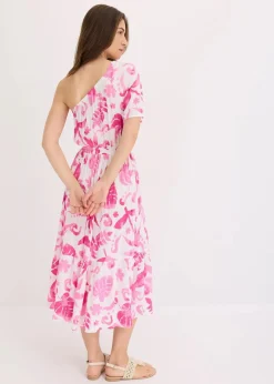 bonprix Nachhaltigere Materialien|Kleider^One-Shoulder-Kleid aus strukturierter Viskose weiß/fuchsia floral