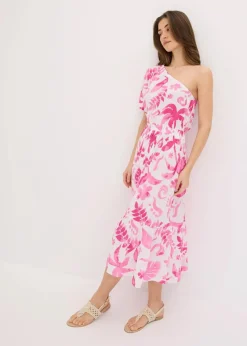 bonprix Nachhaltigere Materialien|Kleider^One-Shoulder-Kleid aus strukturierter Viskose weiß/fuchsia floral