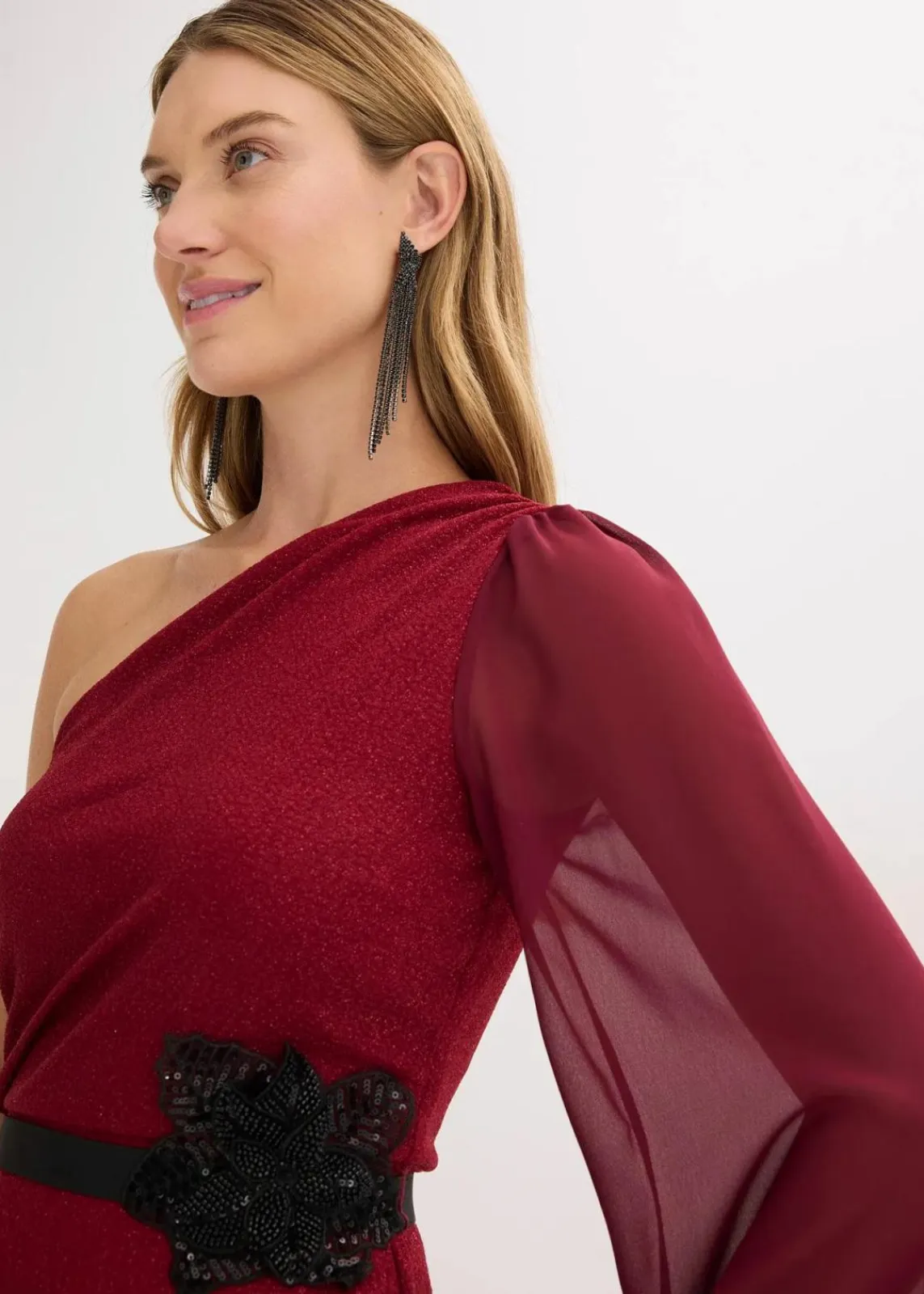 bonprix Bekleidung·Pullover & Strickjacken|Festliche Mode^One-Shoulder-Kleid mit Glitzer weinrot