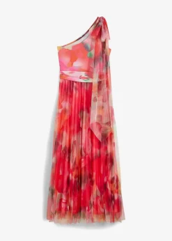 bonprix Kurzgrößen|Kurzgrößen^One-Shoulder-Kleid mit plissiertem Tüllrock pink/grün bedruckt