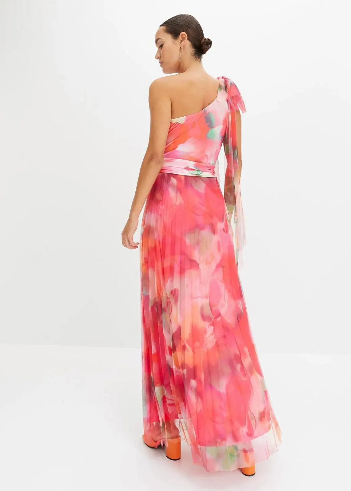 bonprix Kurzgrößen|Kurzgrößen^One-Shoulder-Kleid mit plissiertem Tüllrock pink/grün bedruckt