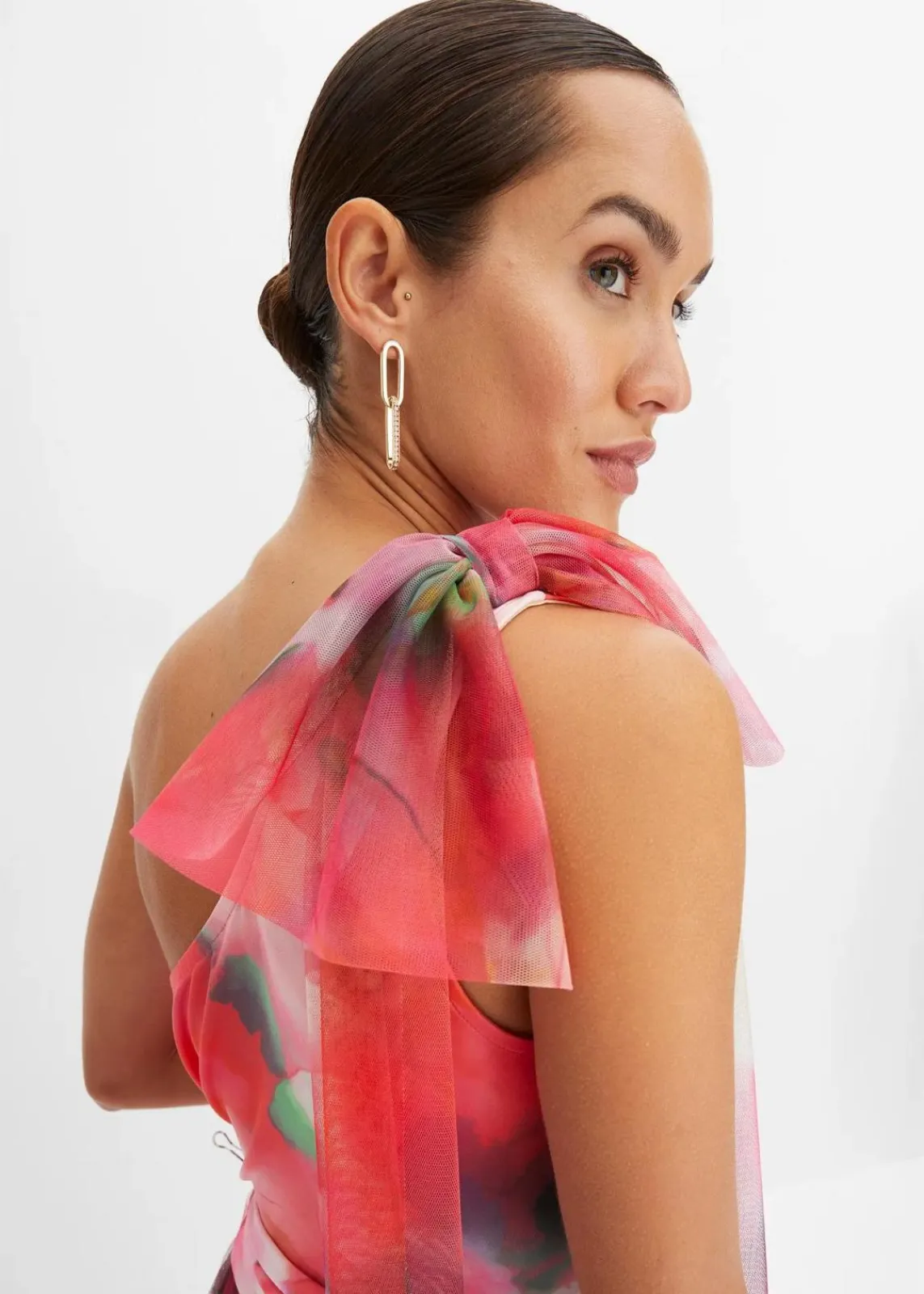 bonprix Bekleidung·Pullover & Strickjacken|Kleider^One-Shoulder-Kleid mit plissiertem Tüllrock pink/grün bedruckt