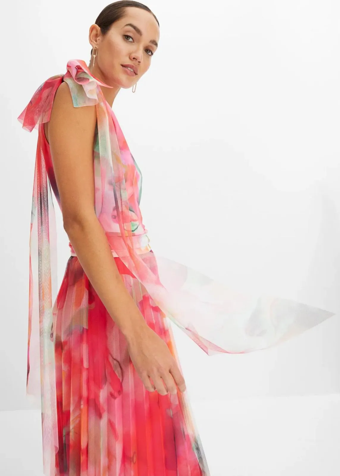bonprix Bekleidung·Pullover & Strickjacken|Kleider^One-Shoulder-Kleid mit plissiertem Tüllrock pink/grün bedruckt