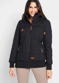 bonprix Bekleidung·Hosen|Jacken & Mäntel^Outdoorjacke mit Lederimitat-Details schwarz