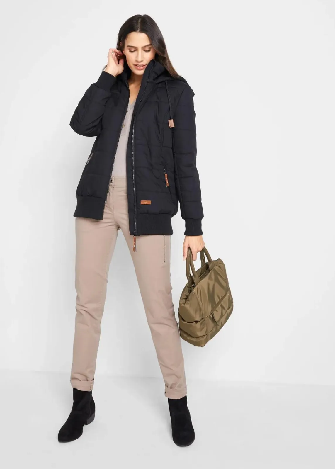 bonprix Bekleidung·Hosen|Jacken & Mäntel^Outdoorjacke mit Lederimitat-Details schwarz
