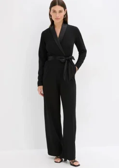 bonprix Bekleidung·Homewear|Festliche Mode^Overall aus strukturiertem Crepe mit Satin-Einsatz schwarz