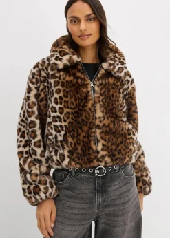 bonprix Nachhaltigere Materialien|Jacken & Mäntel^Oversize Fellimitat-Jacke hellsand/mokkabraun/schwarz leo bedruckt