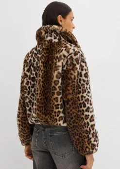 bonprix Nachhaltigere Materialien|Jacken & Mäntel^Oversize Fellimitat-Jacke hellsand/mokkabraun/schwarz leo bedruckt