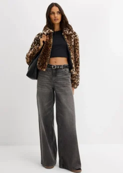 bonprix Nachhaltigere Materialien|Jacken & Mäntel^Oversize Fellimitat-Jacke hellsand/mokkabraun/schwarz leo bedruckt