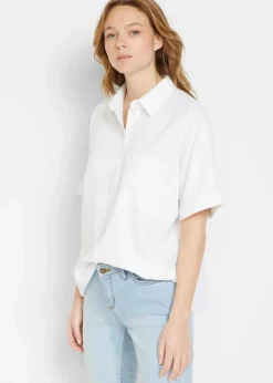 bonprix Blusen & Tuniken|Bekleidung·Jacken & Mäntel^Oversize Halbarmbluse mit Leinen weiß