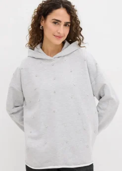 bonprix Bekleidung·Blusen & Tuniken|Sweat^Oversize Hoodie mit Ziersteinen hellgrau meliert
