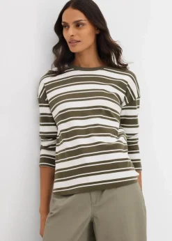 bonprix Shirts & Tops^Oversize Langarmshirt aus reiner Baumwolle dunkeloliv/wollweiß gestreift