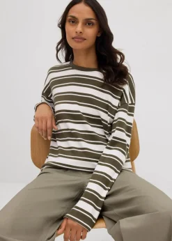 bonprix Shirts & Tops^Oversize Langarmshirt aus reiner Baumwolle dunkeloliv/wollweiß gestreift