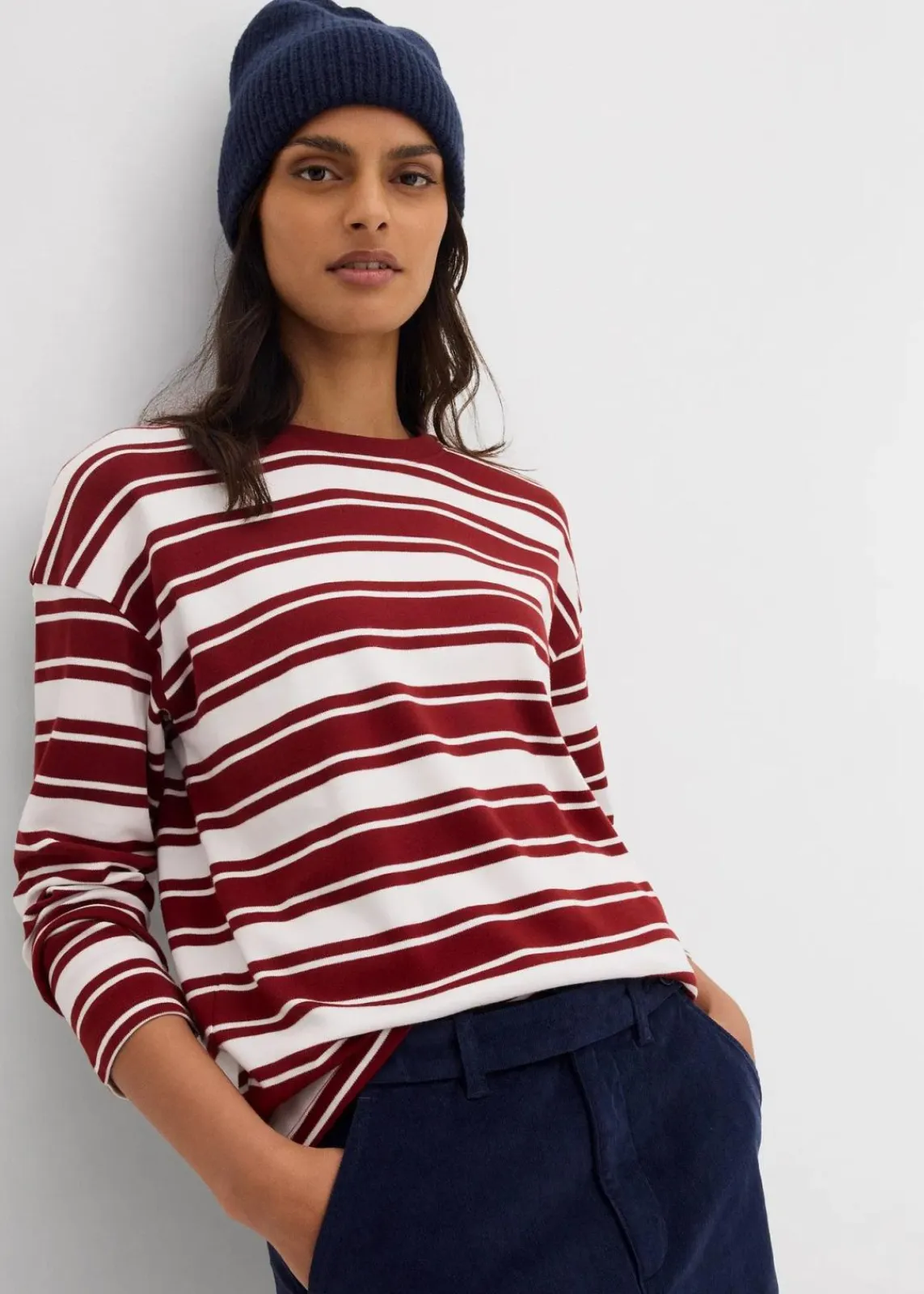 bonprix Shirts & Tops^Oversize Langarmshirt aus reiner Baumwolle wollweiß/kastanienrot gestreift