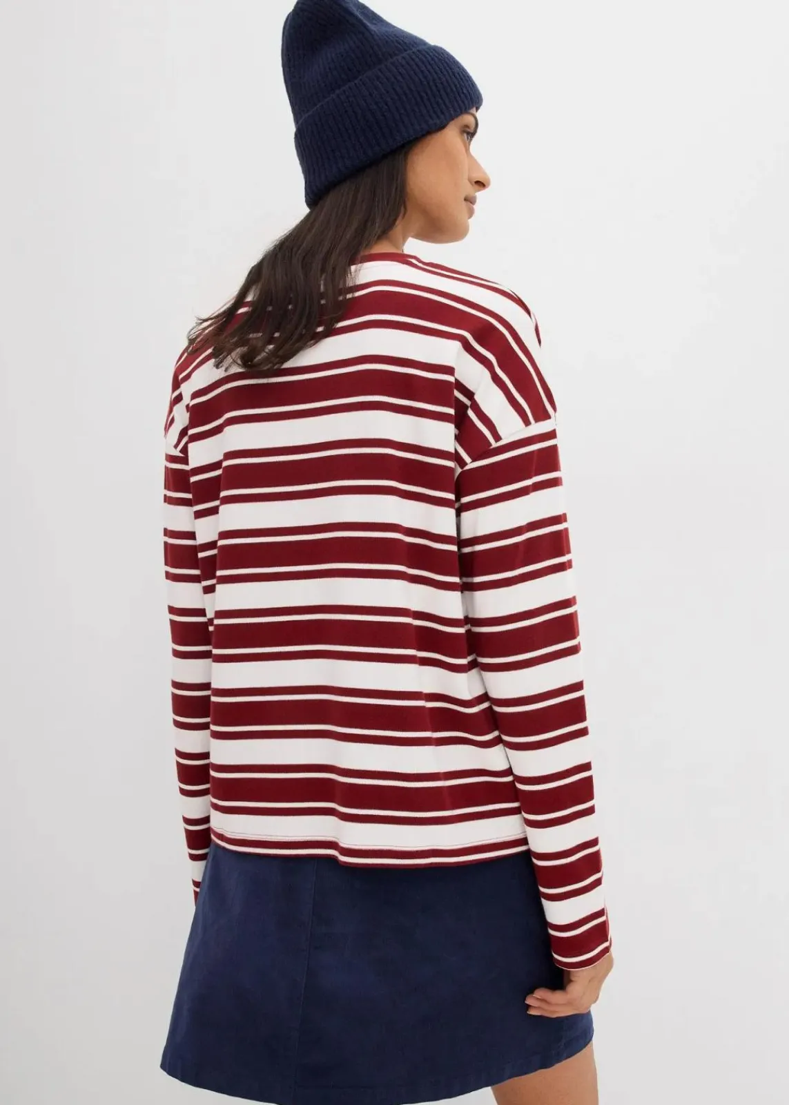 bonprix Shirts & Tops^Oversize Langarmshirt aus reiner Baumwolle wollweiß/kastanienrot gestreift