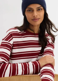 bonprix Shirts & Tops^Oversize Langarmshirt aus reiner Baumwolle wollweiß/kastanienrot gestreift