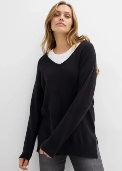 bonprix Pullover & Strickjacken|Strickmode^Oversize Longpullover mit Seitenschlitzen schwarz