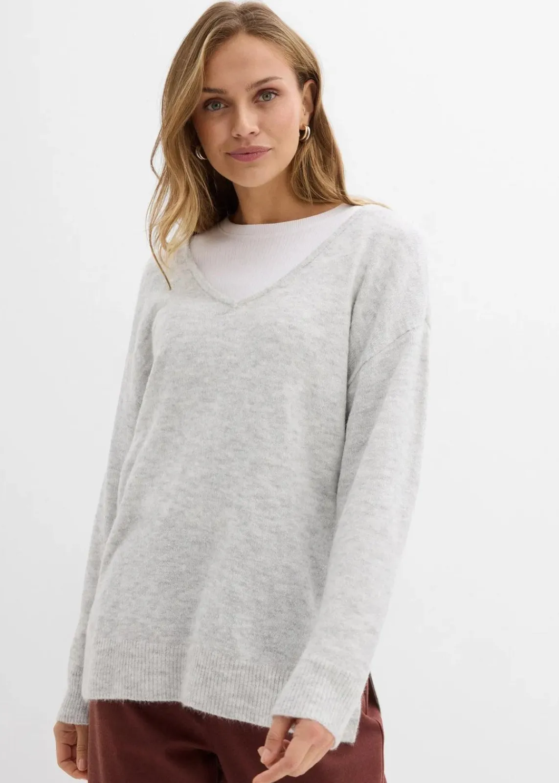 bonprix Bekleidung·Umstandsmode|Bekleidung·Jeans^Oversize Longpullover mit Seitenschlitzen hellgrau meliert