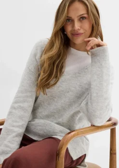 bonprix Bekleidung·Umstandsmode|Bekleidung·Jeans^Oversize Longpullover mit Seitenschlitzen hellgrau meliert