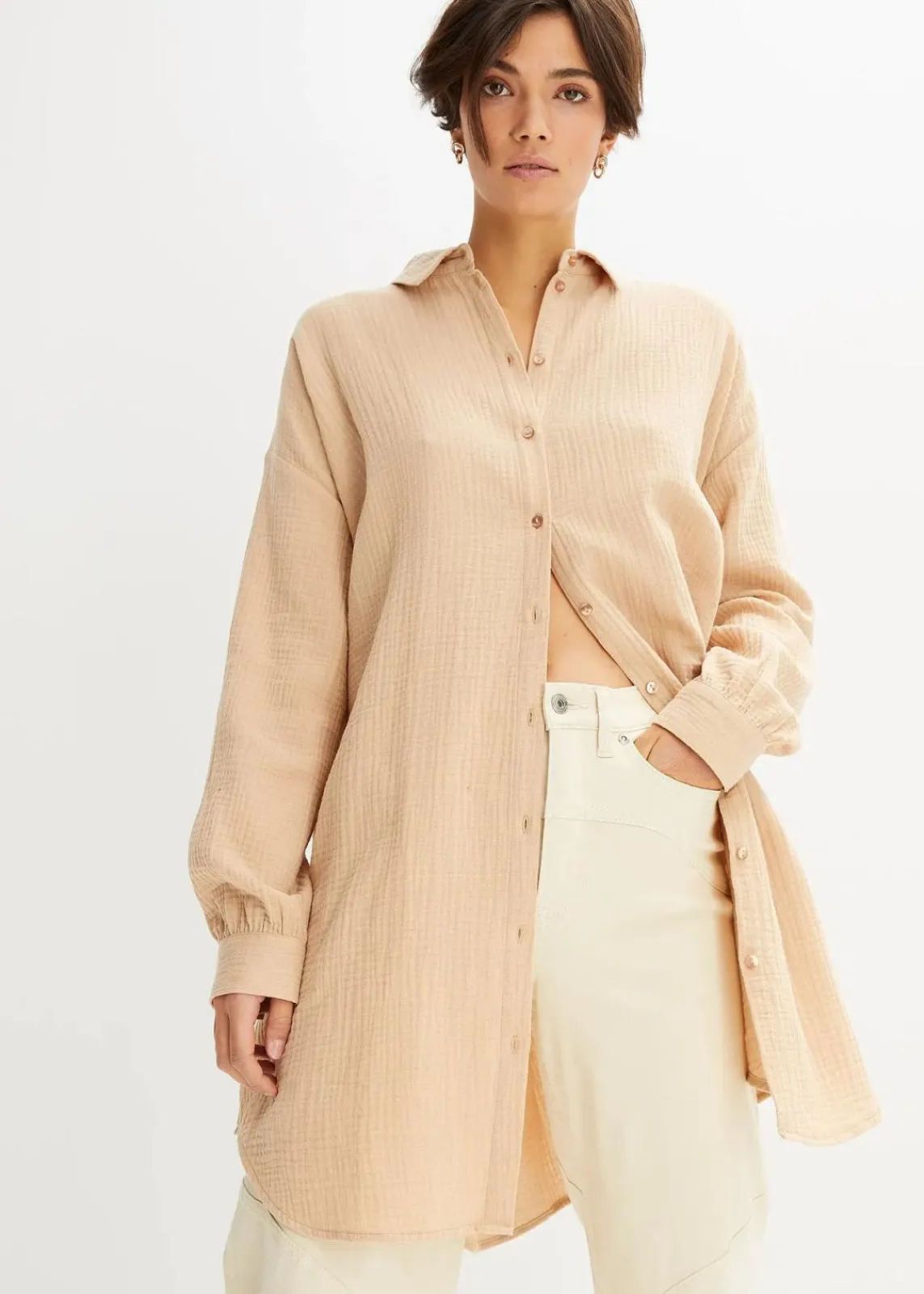 bonprix Bekleidung·Jacken & Mäntel|Blusen & Tuniken^Oversize Musselin-Longbluse latte macchiato