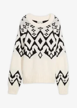 bonprix Bekleidung·Umstandsmode|Bekleidung·Jeans^Oversize Norweger-Pullover perlweiß norwegermuster