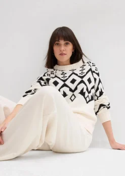 bonprix Bekleidung·Umstandsmode|Bekleidung·Jeans^Oversize Norweger-Pullover perlweiß norwegermuster