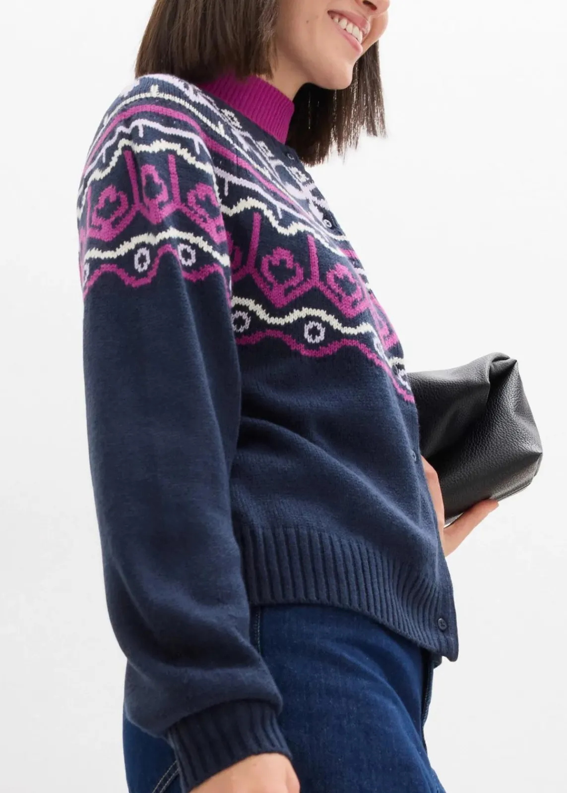 bonprix Bekleidung·Jeans|Pullover & Strickjacken^Oversize Norweger-Strickjacke dunkelblau norwegermuster