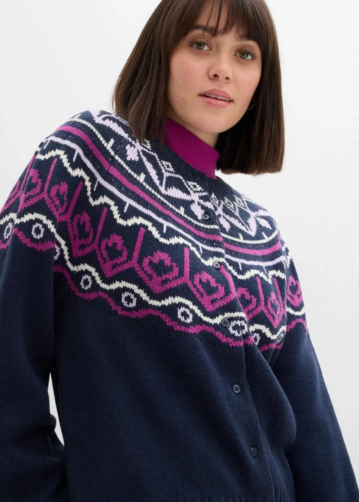 bonprix Bekleidung·Jeans|Pullover & Strickjacken^Oversize Norweger-Strickjacke dunkelblau norwegermuster
