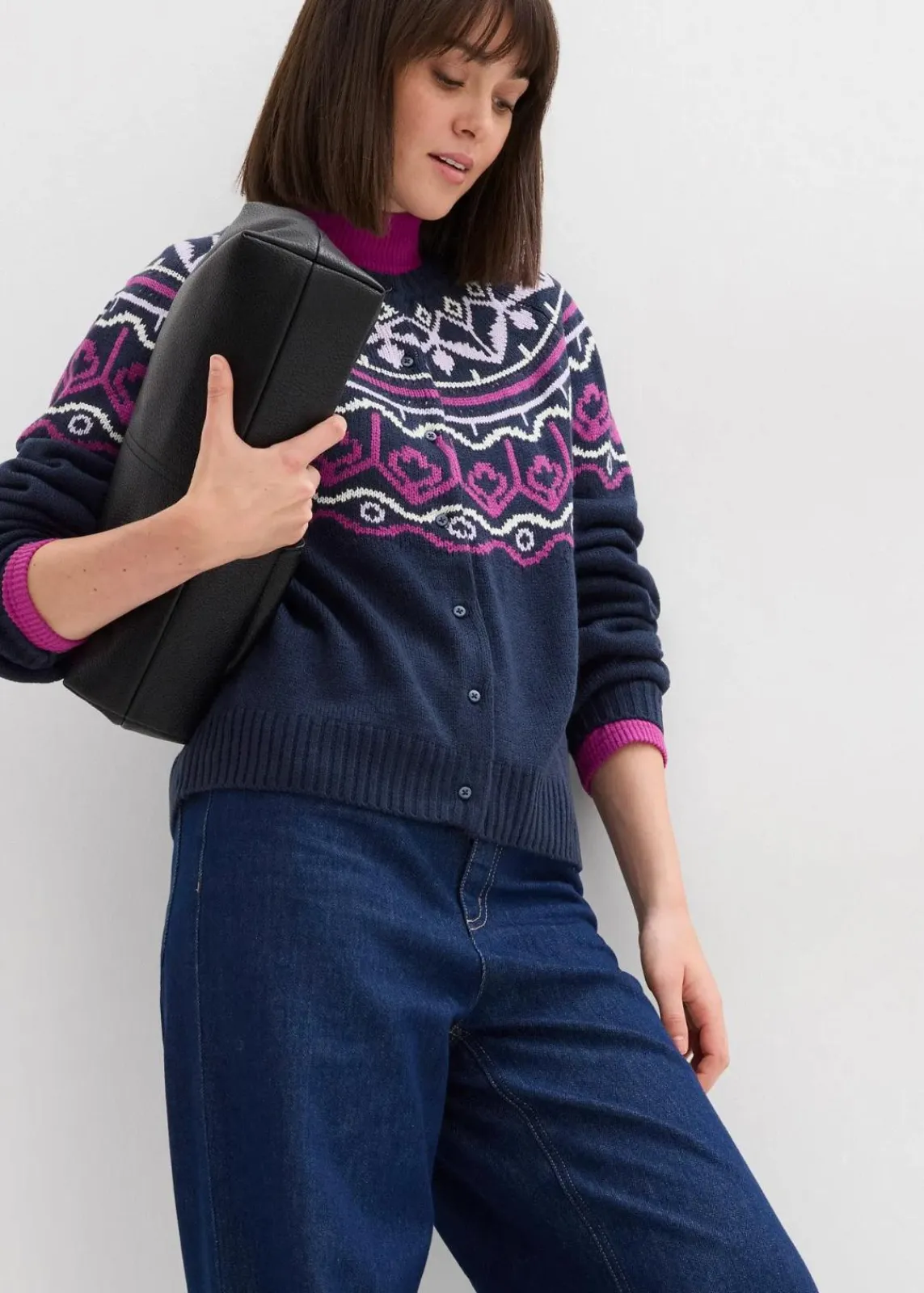 bonprix Bekleidung·Jeans|Pullover & Strickjacken^Oversize Norweger-Strickjacke dunkelblau norwegermuster