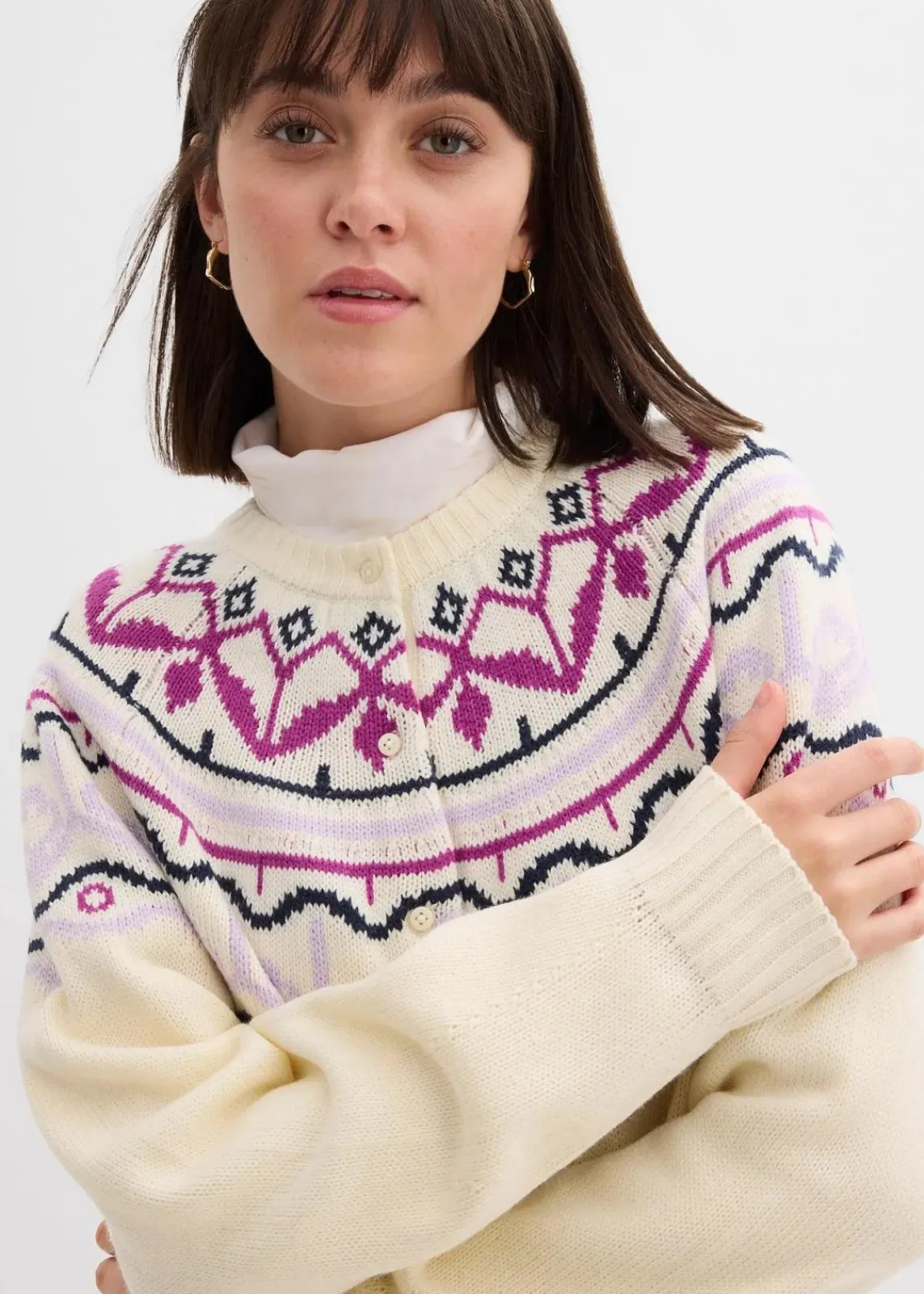 bonprix Pullover & Strickjacken|Bekleidung·Jeans^Oversize Norweger-Strickjacke perlweiß norwegermuster