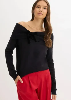 bonprix Pullover & Strickjacken|Strickmode^Oversize Pullover mit Camrenausschnitt schwarz